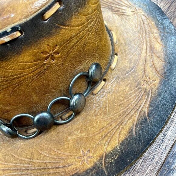 VINTAGE brown leather silver Concho western Cowboy hat western metal daisy stamp main image 5
